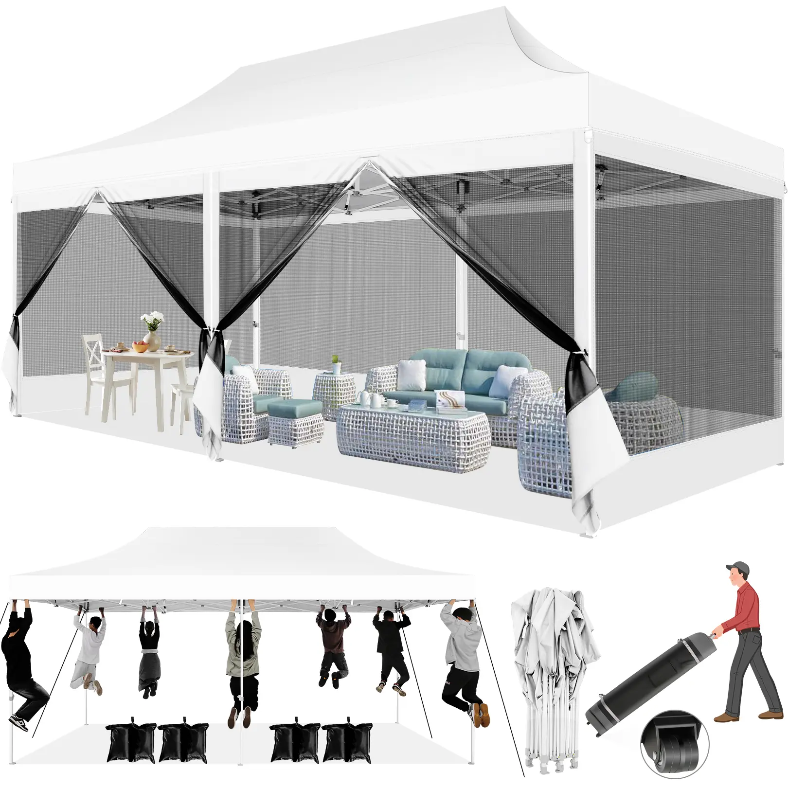 COBIZI 10x20 ft Heavy-Duty Pop-Up Patio Umbrella Tent - 420D Oxford Cloth Canopy, 6 Side Walls, Mosquito Netting, Easy Setup, 200 Sq Ft Shade, Carry Bag Included for Weddings, Outdoor Patios, 10X20 Feet