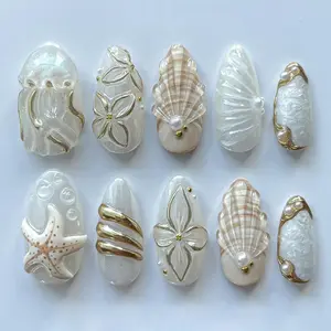 GOLDEN MERMAID | Luxury 3D Starfish Seashell Press On Nails | White Pearl & Gold Chrome Fake Nails | Mermaidcore Bridal Aesthetic | Custom Handmade Almond Set 2026