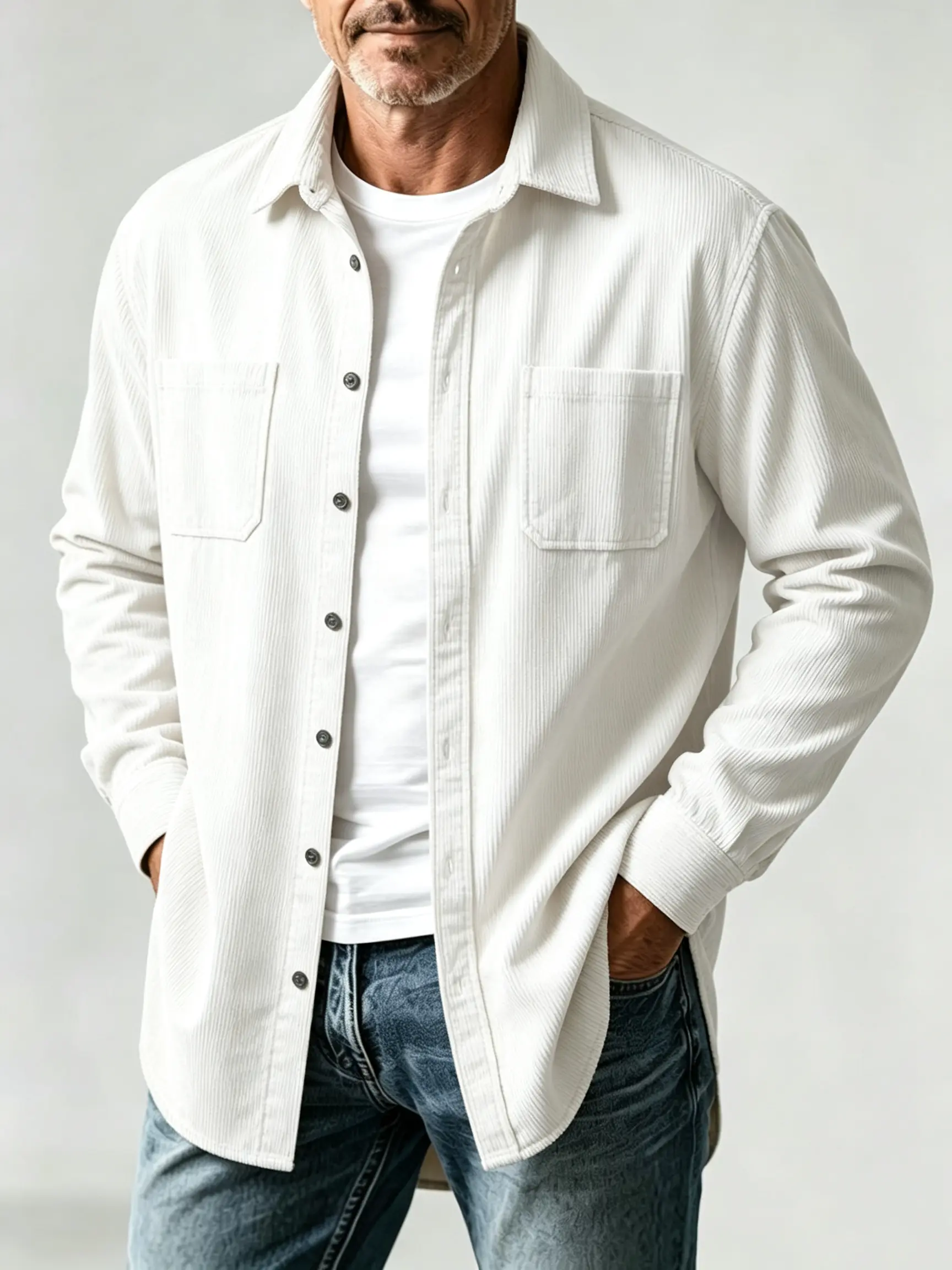 Men's Casual Long-Sleeve Corduroy Button-Up Shirt - 2-Pocket Overshirt for Daily Menswear Tops