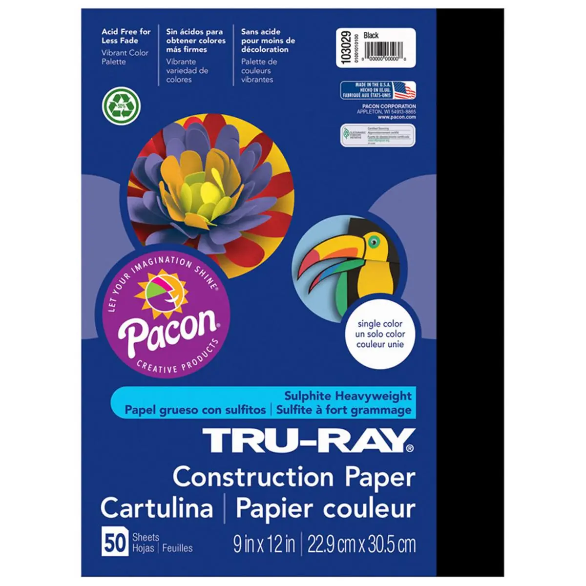 Pacon Tru Ray Black Construction Paper - 9x12 in, 50 Sheets Per Pack, Pack of 5, Recyclable, Superior Fade-Resistance, Tough Enough to Take Scoring