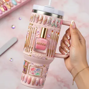 Personalized Nail Tech Tumbler 2D Printed 3D Effect Pink Lacquer Polish Design Insulated Stainless Steel Cup For Professional Manicurist Salon Worker Career Celebration Keepsake Gift Idea