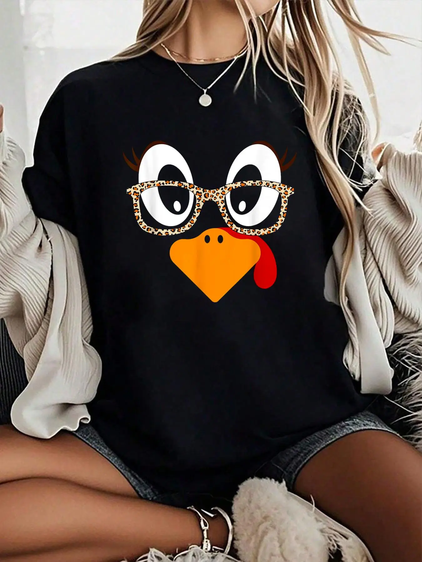 100% Cotton Unisex Thanksgiving Shirts for Women Girls Turkey Face Eyelashes T-Shirt -Thanksgiving Family Turkey Pumpkin Pattern T-shirt