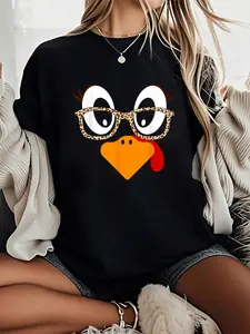 100% Cotton Unisex Thanksgiving Shirts for Women Girls Turkey Face Eyelashes T-Shirt -Thanksgiving Family Turkey Pumpkin Pattern T-shirt
