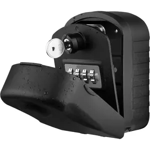 Key Lock Box with 4 Digit Combination and Spare Key Sturdy Key Safe Box Wall Mounted Outdoor Intdoor Weatherproof Key Storage Box for  Office Garage School Factory (Black)
