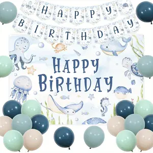 1Set Under the Sea Happy Birthday Party Decorations - Ocean Theme Backdrop Kit with Underwater World Banner Retro Theme Balloons for Marine Animals Birthday Party Supplies