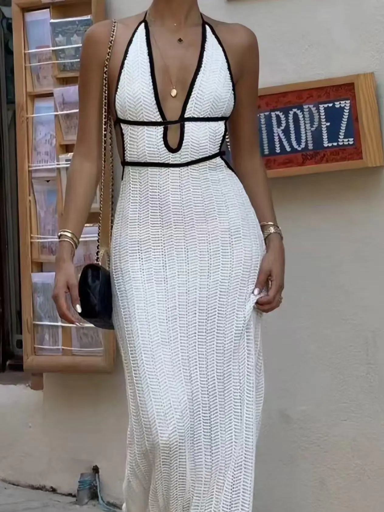 Summer Y2K style women's knitted dress, with a loose collar and no back design, long dress, belted waist style, bohemian beach vacation outfit, casual and versatile.123