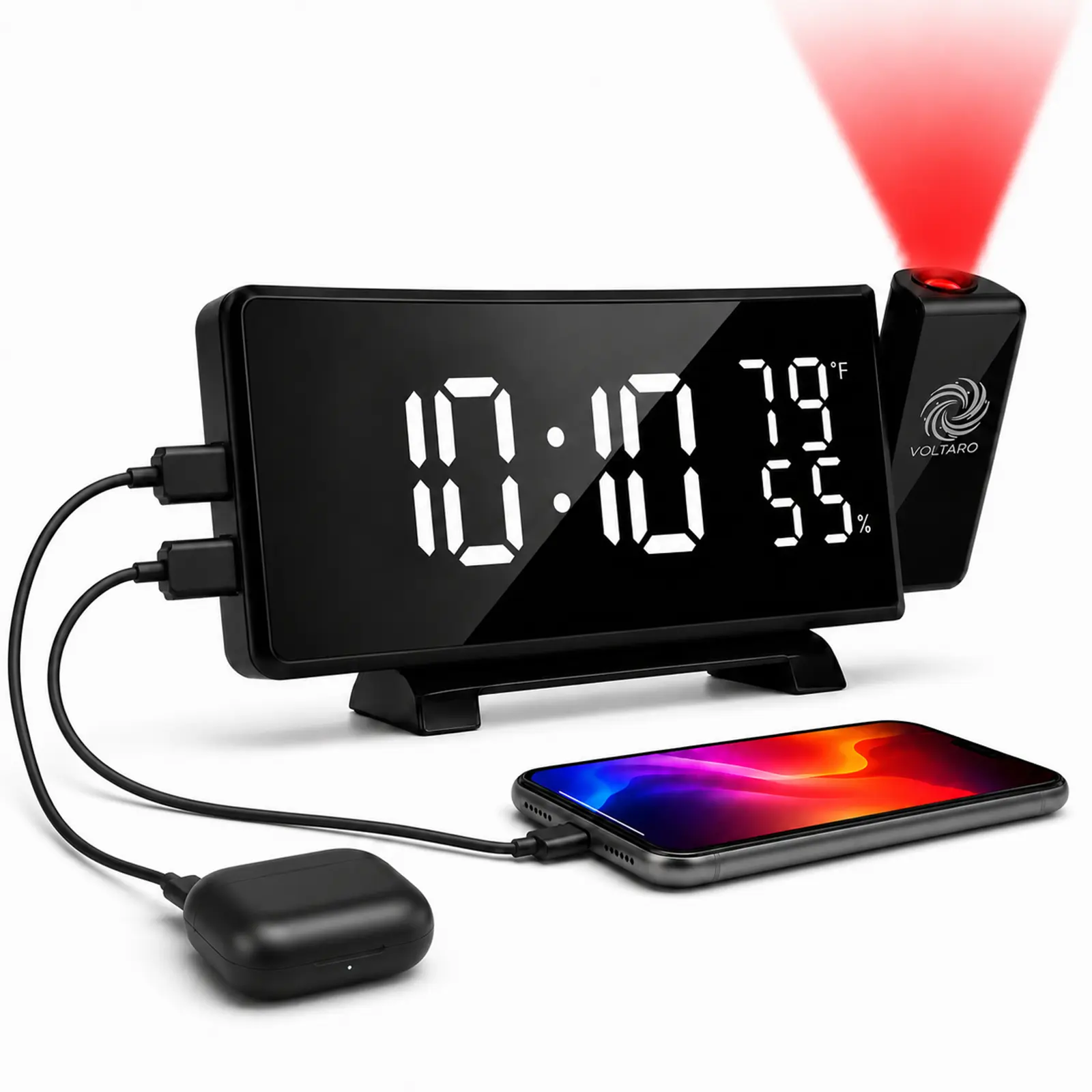 Voltaro Projection Alarm Clock for Bedroom Ceiling - 7.3" Curved LED Display, FM Radio, Dual Alarm for Couples, 2 USB Charging Ports, Temperature & Humidity, 4-Level Dimmer, Sleep Timer (Black)