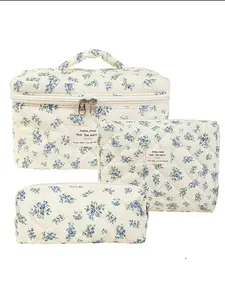Floral Pattern Quilted Makeup Bag Set, 3 Counts Travel Cosmetic Bags, PortableZipper Makeup Organizer Pouches, Makeup Storage Bag, for Skincare, Lotion, Cream, Lip Balm, Eyeliners, Makeup To...