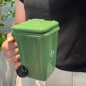Funny Recycling Bin Style Coffee Mug, Creative Ceramic Water Cup with Lid and Spoon, Unique Gag Gift, Personalized Drinkware for Coffee Lovers