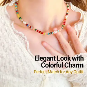 Minimalist Ethnic-Inspired Necklace with Multicolored Gemstones & Pearls Perfect Daily Casual Accessory for Women Elegant Look with Colorful Charm