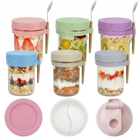 16oz Widemouth Stackable Airtight Food-Grade Glass Preserving Jars (Multiple Packs) - Silicone Divider, Lids, Utensil Spoons, Leakproof Plastic Food Storage Containers for Meal Prep, Work Use