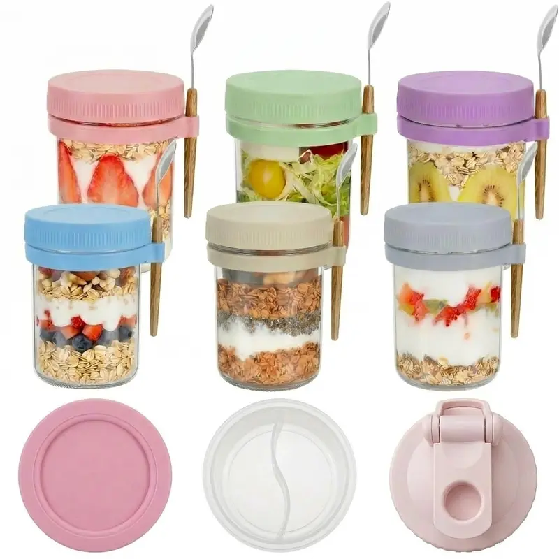 16oz Widemouth Stackable Airtight Food-Grade Glass Preserving Jars (Multiple Packs) - Silicone Divider, Lids, Utensil Spoons, Leakproof Plastic Food Storage Containers for Meal Prep, Work Use