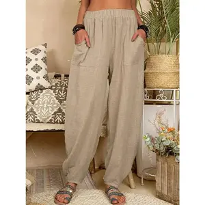 Vintage Boho Cotton Linen Pants for Women Summer Pockets Thin Beach Trousers Woman Casual High Waist Loose Harem Pants