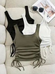 Women's Solid Ruched Drawstring Crop Tank Tops, Casual Cami Top, Fitted Sleeveless Square Neck Crop Top for Spring & Fall, Ladies Clothes for Daily Wear