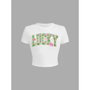 Women's Round Neck Patterned Printed T-Shirt, Tee, Lucky Letter Design, Casual Fitted Short Sleeve Summer Top, All Seasons Wear