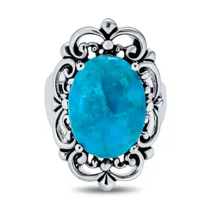 Western Style Filigree Oval Cabochon Full Finger Statement Blue Turquoise Ring Oxidized Sterling Silver