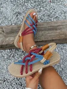 Women's Summer New Bohemian Vacation Style Handmade Hemp Rope Sandals, Colorblock Straps, Vintage Ethnic Style, Perfect for Beach Trip, Travel, Strappy Summer Sandals