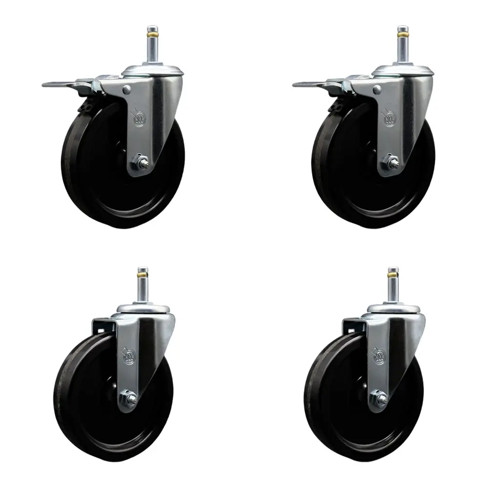 212 MAIN Industrial Zinc-Coated Swivel Ball-Type Castors with Total Lock, SCC-GRTTL20S514-PHR-716138-2-S-2 Grip Ring Stem, Ball Bearing Design, 5x1.25 in. Black Wheels, 0.43 in. Stems - Set of 4 for Carts, Equipment, Series 20