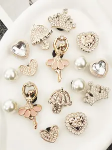 Faux Pearl & Rhinestone Decorated Bling Shoe Charms Set, Elegant Heart & Crown & Ballet Girl Design Shoe Decoration Charms, Fashionable Shoes Decoration for Women & Girls