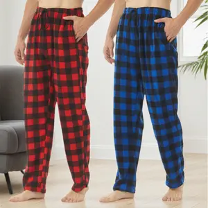 Men's plaid pattern drawstring waistband sleep pants, comfortable and soft polar fleece stretch waist casual pants for spring, autumn, and winter, warm men's bottoms for everyday wear, pocketed men's athletic pants