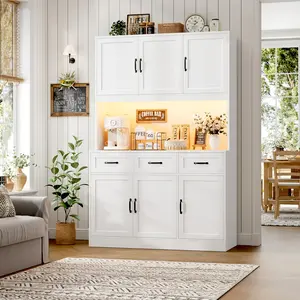 HOSTACK 72" Tall Kitchen Pantry Cabinet with Charging Station, LED Lights, 3 Deep Drawers, Modern Minimalist Design