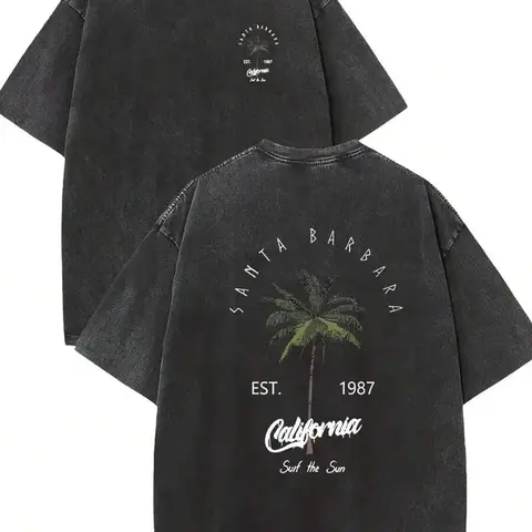 Vintage Santa Barbara California T-Shirt, Retro Washed Cotton Oversized Short Sleeve Tee, EST. 1987 Surf The Sun Palm Tree Graphic Casual Summer Top for Men Women