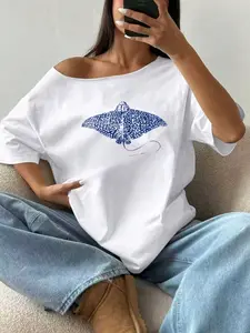 Black Oversized Off-the-Shoulder Tee with Spotted Ray Print | Coastal & Grunge Aesthetic | Loose & Breathable Fit | Versatile Streetwear | Perfect for Laid-Back & Edgy Style