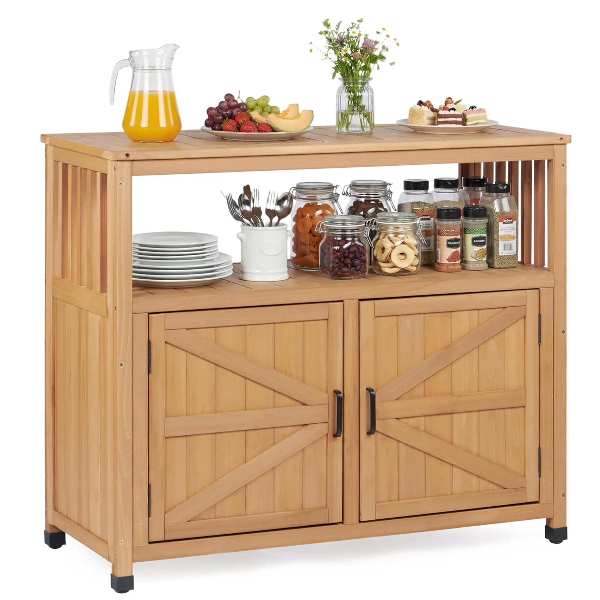 Outdoor Patio Bar Table, Patio Console Table, Wooden Serving Station with Storage Cabinet | DOUBLE-Layer Tabletop, Large Hidden Storage, Outdoor Entertaining, Wood Construction, Versatile Serving Station