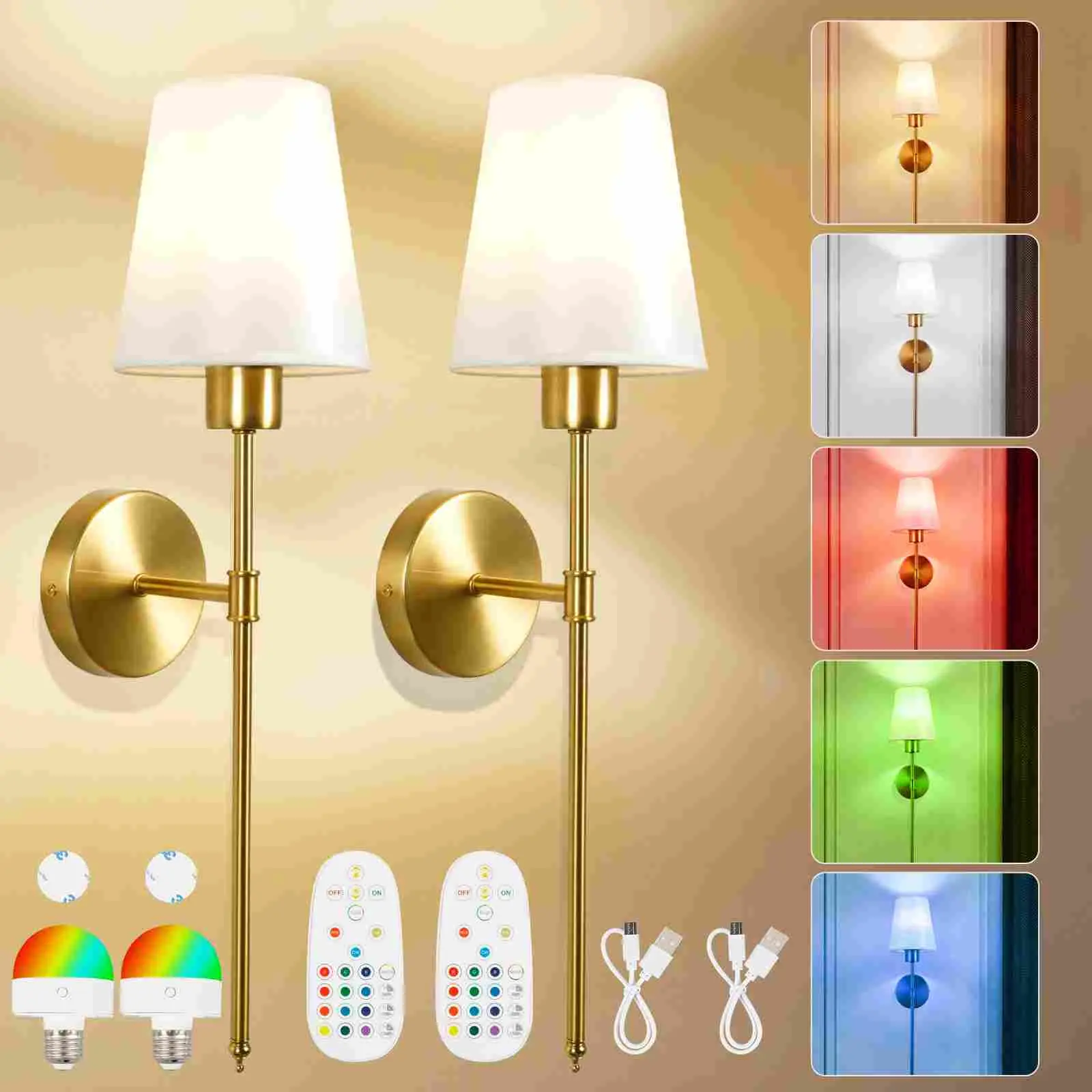 Battery Operated Wall Sconce Set of 2,Gold RechargeableWall Lights with 5200mAh Dimmable Bulbs and Remote,Wireless Wall Lamps for Bedroom Living Room Hallway Decor