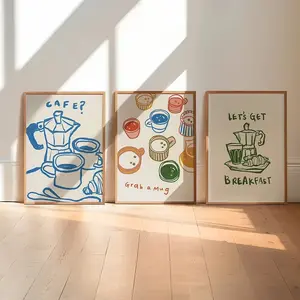 3pcs Wall Arts Posters, Modern Coffee Wall Art Posters, Canvas Painting Prints Breakfast Mug Wine Drink Quote Wall Pictures Art for Kitchen Cafe Decor Unframed, Modern Home Decor