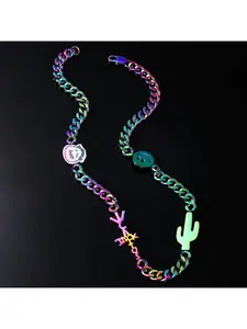 Fashion Smiley Face Cactus Cuban Link Necklace, Colorful Stainless Steel Jewelry Clavicle Chain Accessory