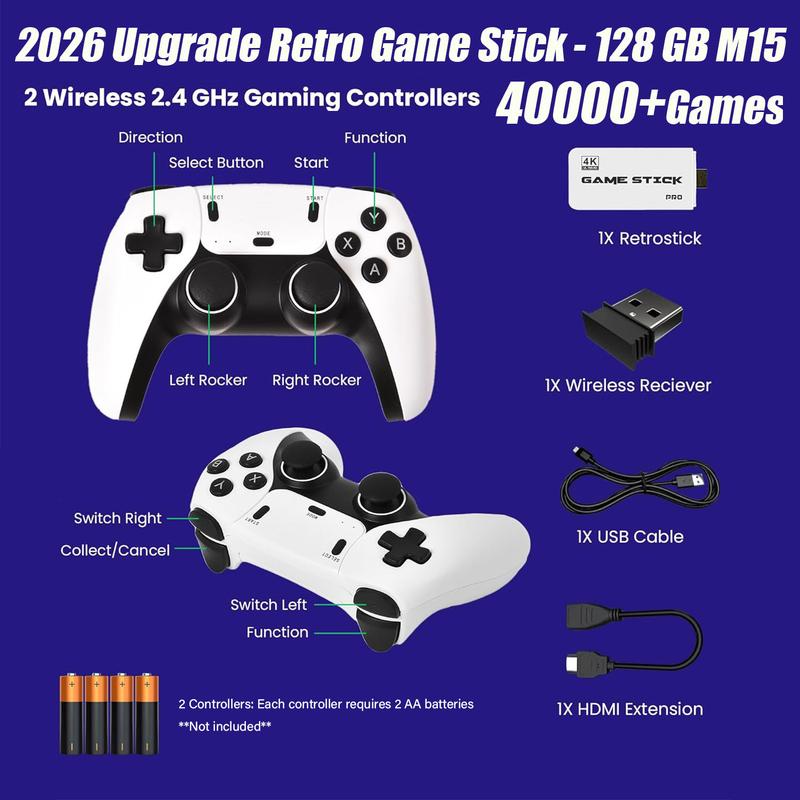2026 Upgrade Retro Game Stick, 128 GB, with 40,000+ Built-in Classic Video Games, Retro Gaming Console with 23 Emulators, Plug & Play for TV Video Gaming Stick HDMI Output with Dual 2.4G Controllers