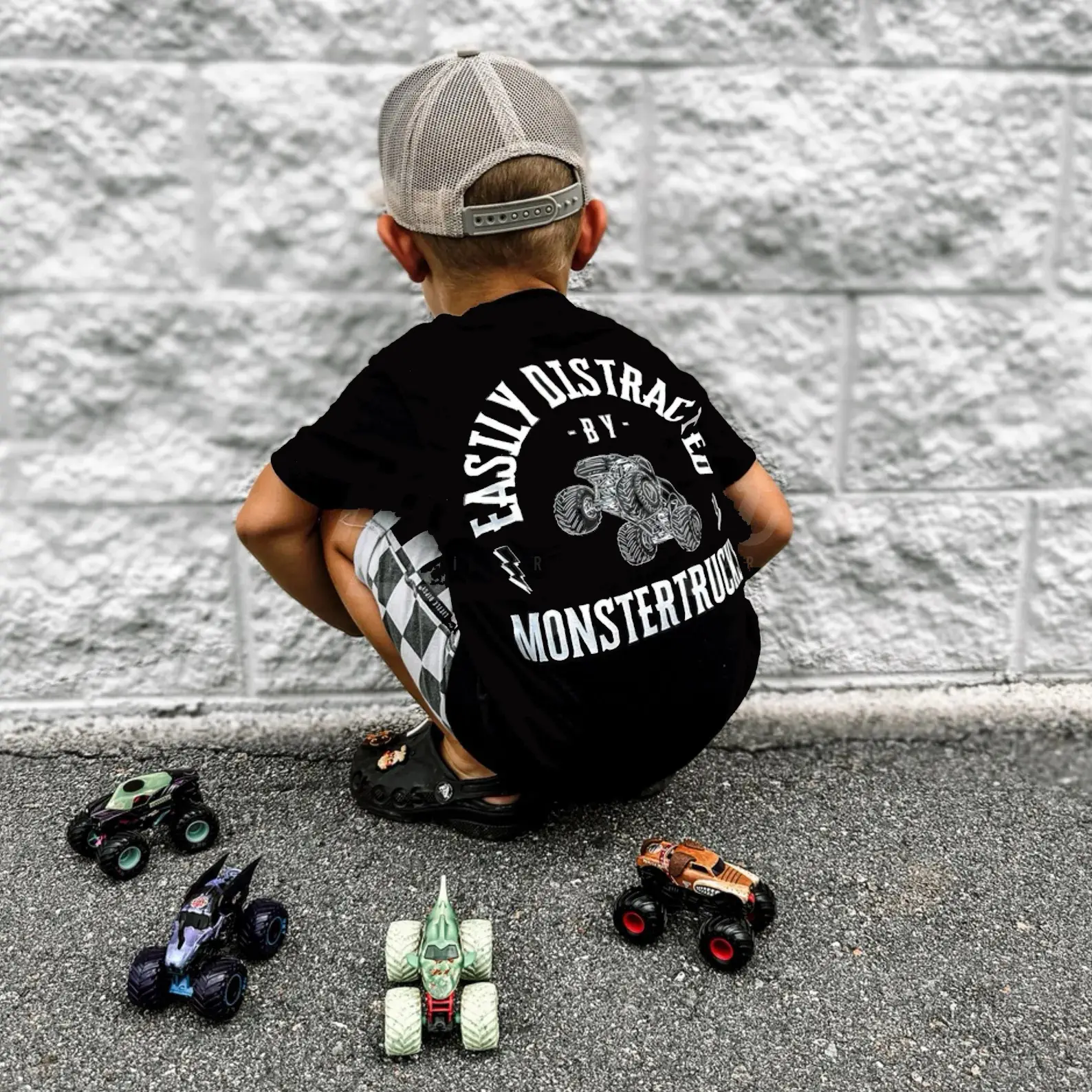 Youth Monster Truck Shirt, Easily Distracted by Monster Trucks Graphic Tee, Grave Digger Holeshot Megalodon El Toro Loco Inspired, Monster Jam Fan Shirt for Youth