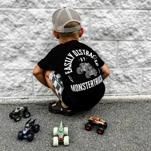 Youth & Toddler Monster Truck Shirt, Easily Distracted by Monster Trucks Graphic Tee, Grave Digger Holeshot Megalodon El Toro Loco Inspired, Monster Jam Fan Shirt for Youth & Toddler