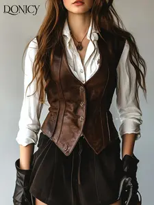 Women's Elegant Vintage Casual Slim V Neck PU Leather Button Solid Blue Denim Sleeveless Womenswear Vest, Perfect for Daily Commute, Dates, Shopping, and Layering in Spring & Summer