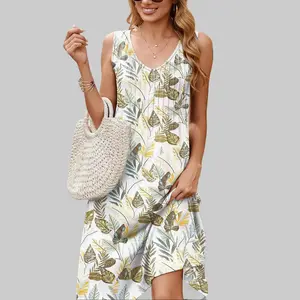 Zeagoo Live Women Summer Casual Dress 2025 Sleeveless Midi Swing Tank Sundress with Pockets V Neck A Line Pleated Tshirt Dress