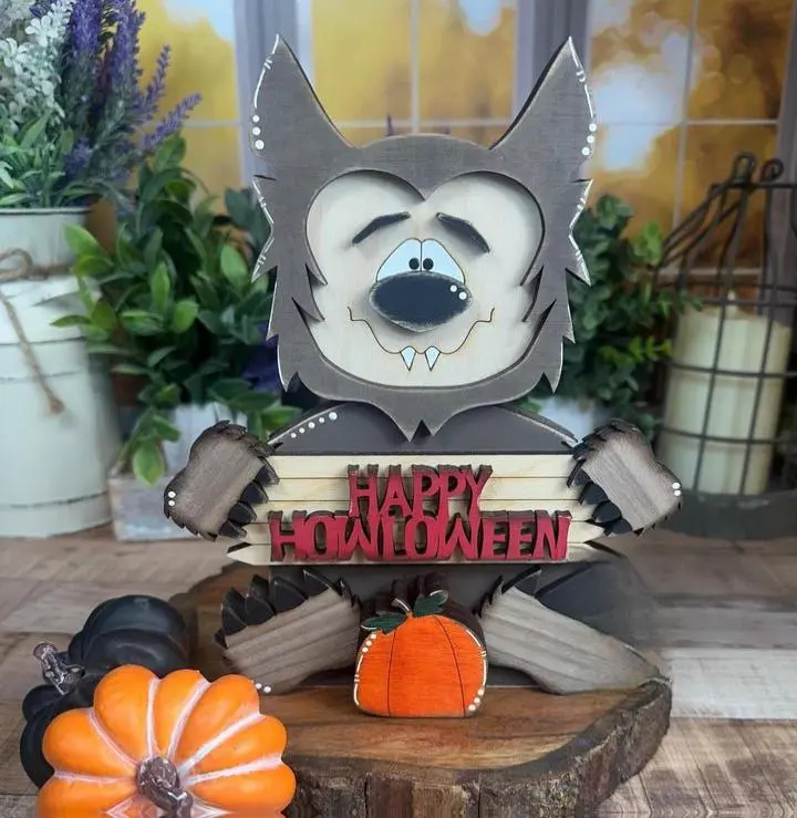 Rustic Wooden Werewolf – Handmade Halloween Shelf Sitter