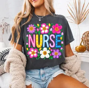 NURSE Colorful Floral Graphic T-Shirt, Sweatshirt, Hoodie – Bright Retro Letters With Cute Flower Design, Fun Nursing T-Shirt For Healthcare Workers, Nursing Students