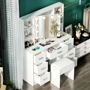 Makeup Vanity With Lights,Vanity Desk With Mirror And Stool,Dresser Table With Drawers And Open Shelves,3 Color Modes,10 LED Light,Sliding Mirror,Adjustable Brightness,Modern Wood Vanity Desk Set For Bedroom,Bathroom,Halloween Gift For Women