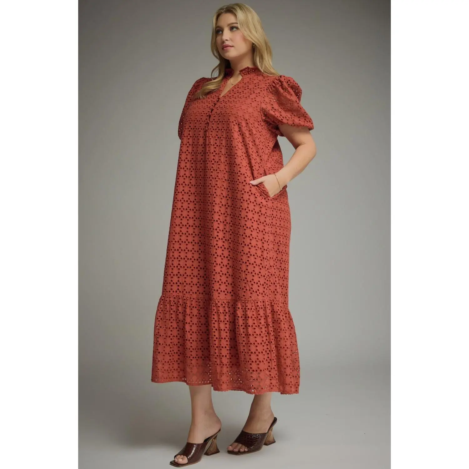 Entro Eyelet Midi Dress - Rust or Brown - S-2X