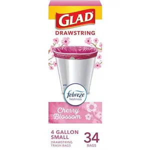 Glad Small Trash Bags 4 Gallon, Febreze Cherry Blossom Garbage Bags, Odor Resistant with Drawstring, 34 Count
