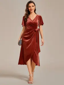 Ever-Pretty  Velvet A-Line Midi Wedding Guest Dress with Short Sleeves & V-Neck Stretchy Bridesmaid Dress for Winter Formal Wear 01964