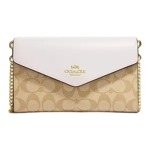 COACH Envelope 20 Tri-Fold Wallet in Light Khaki with Chain Strap for Women
