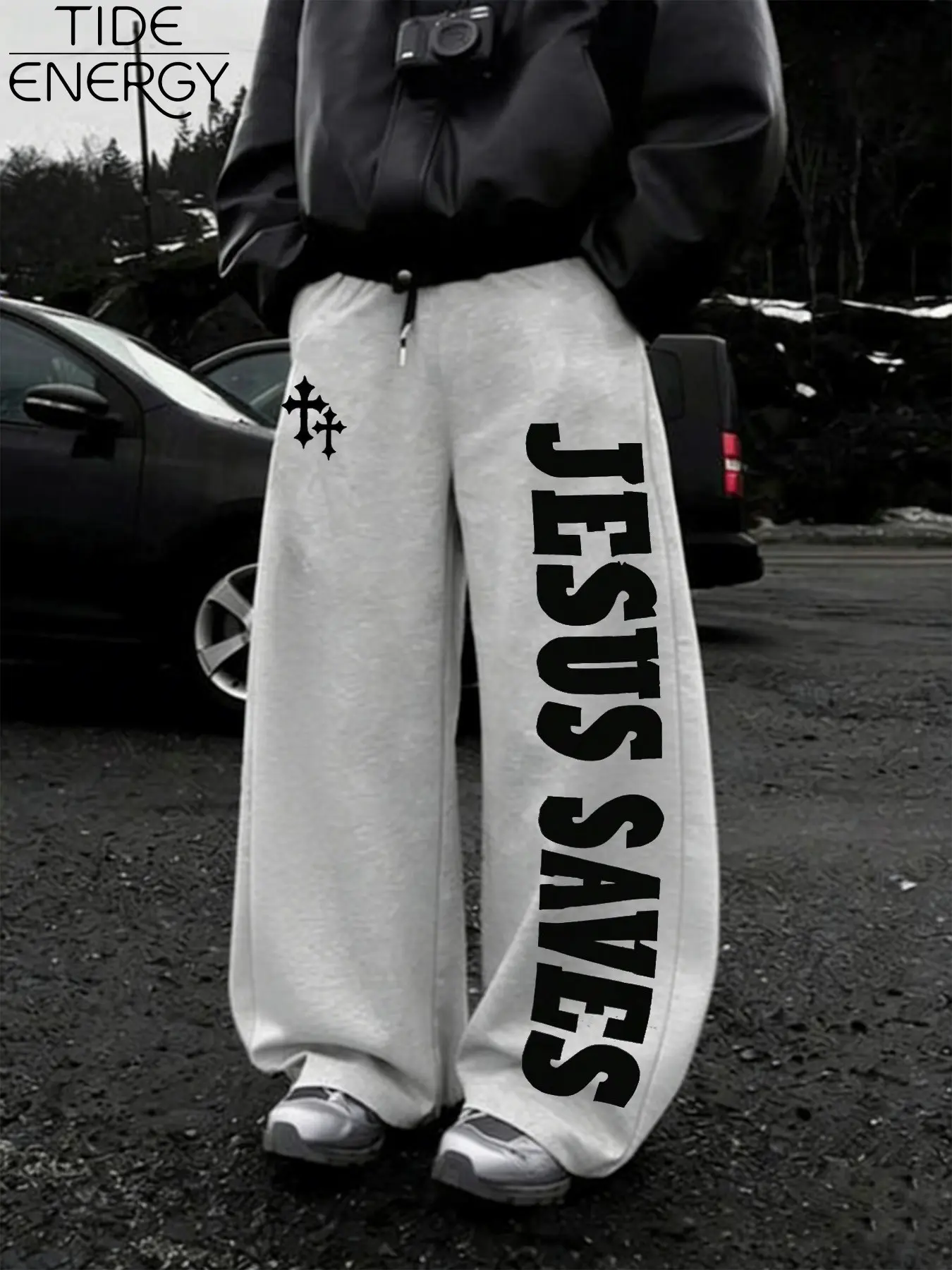 Men's Loose Fit Jesus Saves Cross Pattern Graphic Sweatpants, Vintage Gothic Street Style, Casual Wide Leg Pants for Streetwear All Season Trousers