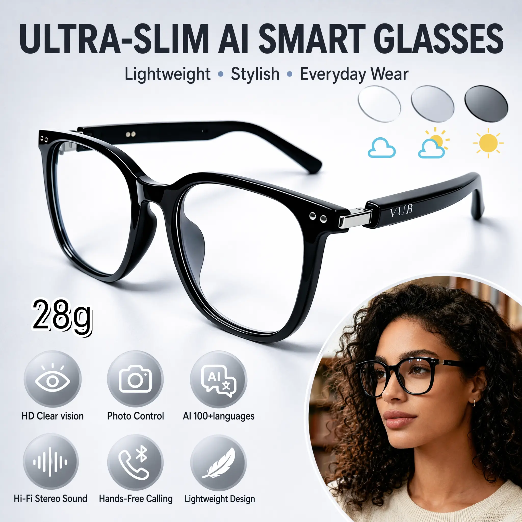 VUB Smart Glasses (2nd Generation) – Ultra-Thin Frame, Looks Like Ordinary Glasses, Hidden Open-Ear Bluetooth Speakers, Photochromic Blue-Light Blocking Lenses, Hands-Free AI Translation & Calls, Unisex