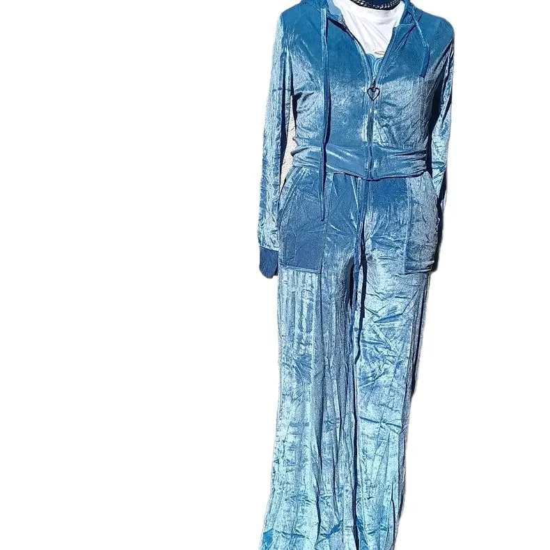 PowderGlam Y2K Velour Tracksuit - Blue Velour Hoodie & Pants Set