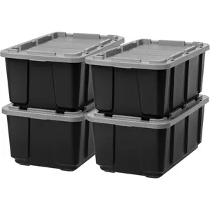 USA 27 Gallon Heavy Duty Truck Bed Toolbox Storage Tote Bins with Lids, 4 Pack - Made in USA, Tough Snap On Lid Stackable Industrial Rugged Tubs, Garage Organization, Reusable Box - Black/Gray