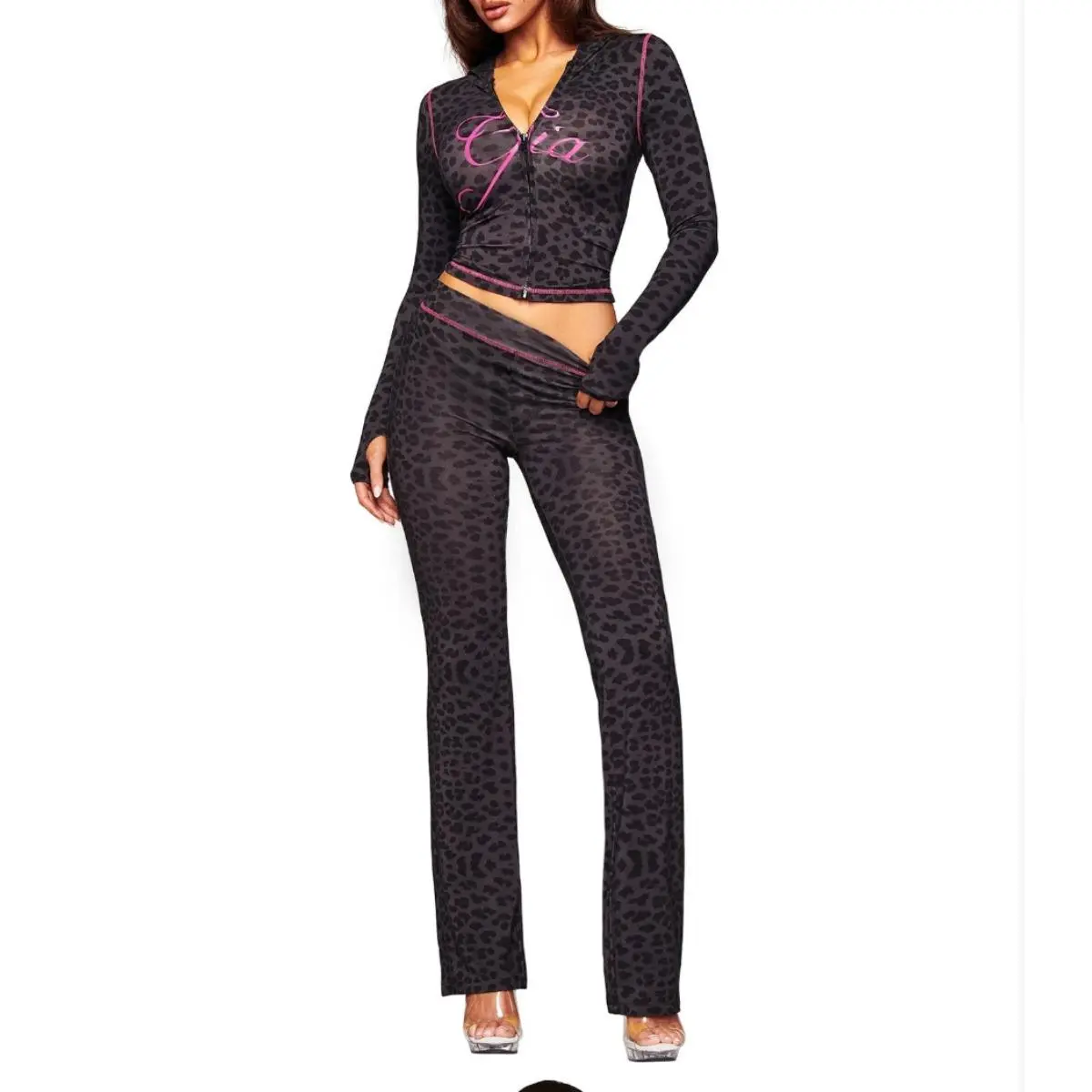 Women Black Leopard Print 2 Piece Outfit Set, Zip Collar Hooded Long Sleeve Top with Thumb Holes & Flared Pants, Slim Fit Casual Tracksuit
