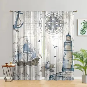 Nautical Theme Curtains, Sailboat Lighthouse Compass Anchor Pattern, Pole Pocket Style, Semi Sunshade Polyester Fiber, Easy Clean, Home Decor