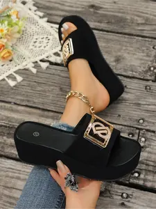 Women Thick Sole Slide Sandals  Gold Buckle Platform Wedges, Velvet or Suede Upper, Casual Summer Sandals for Streetwear & Vacation